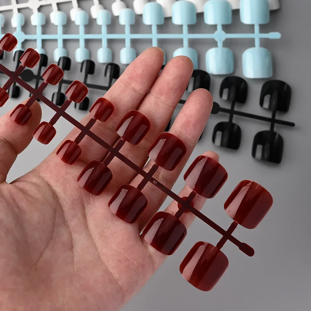 144pcs Mixed Color Short Square False Toe Nails Wine Red, Balck, White, Pink, Blue Press On Toenails Summer Glossy Fake Toe Tips