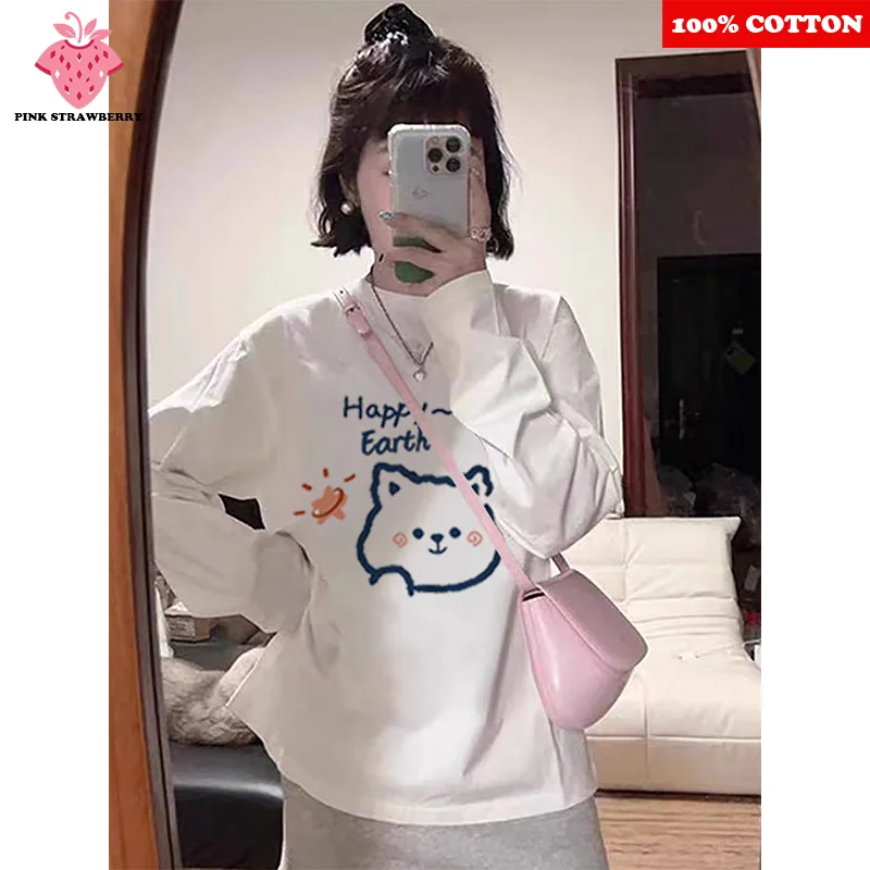 

Cute Cartoon Bear Print T-shirt Women Autumn Winter 2025 New Korean style Long sleeved Tee Loose Casual Y2k Top kawaii clothes