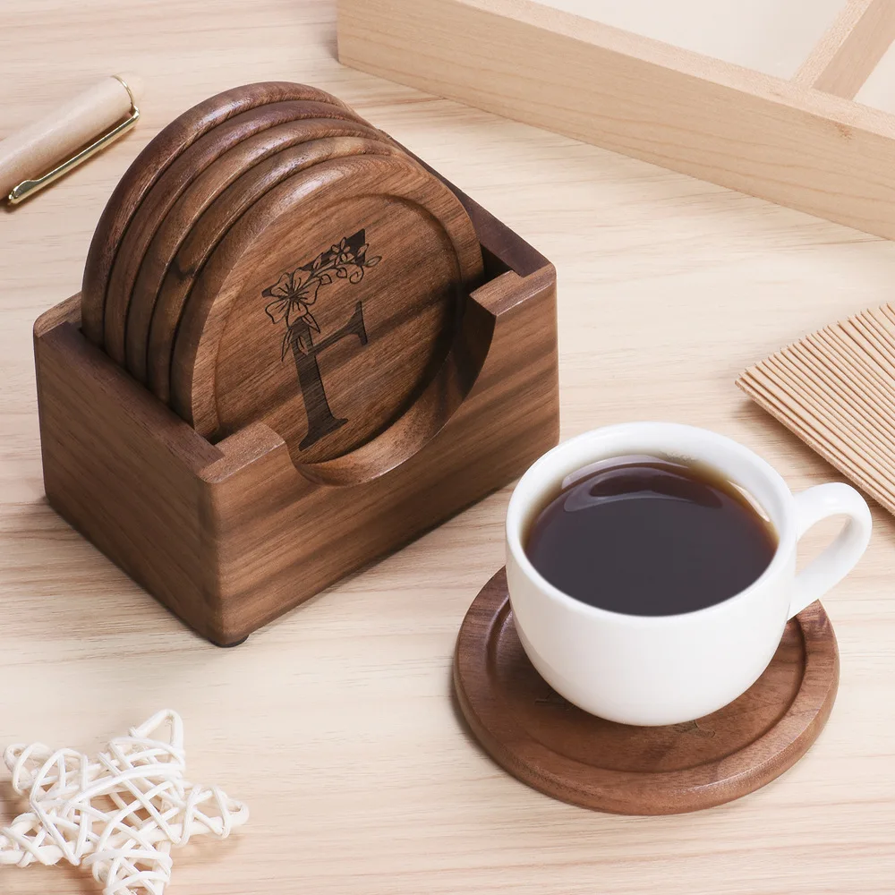

E5 Walnut Dark Coaster Set of 6 Pieces. Including The Holder Pure Natural Wood Texture. Wonderful Decor For Dining Tables Office