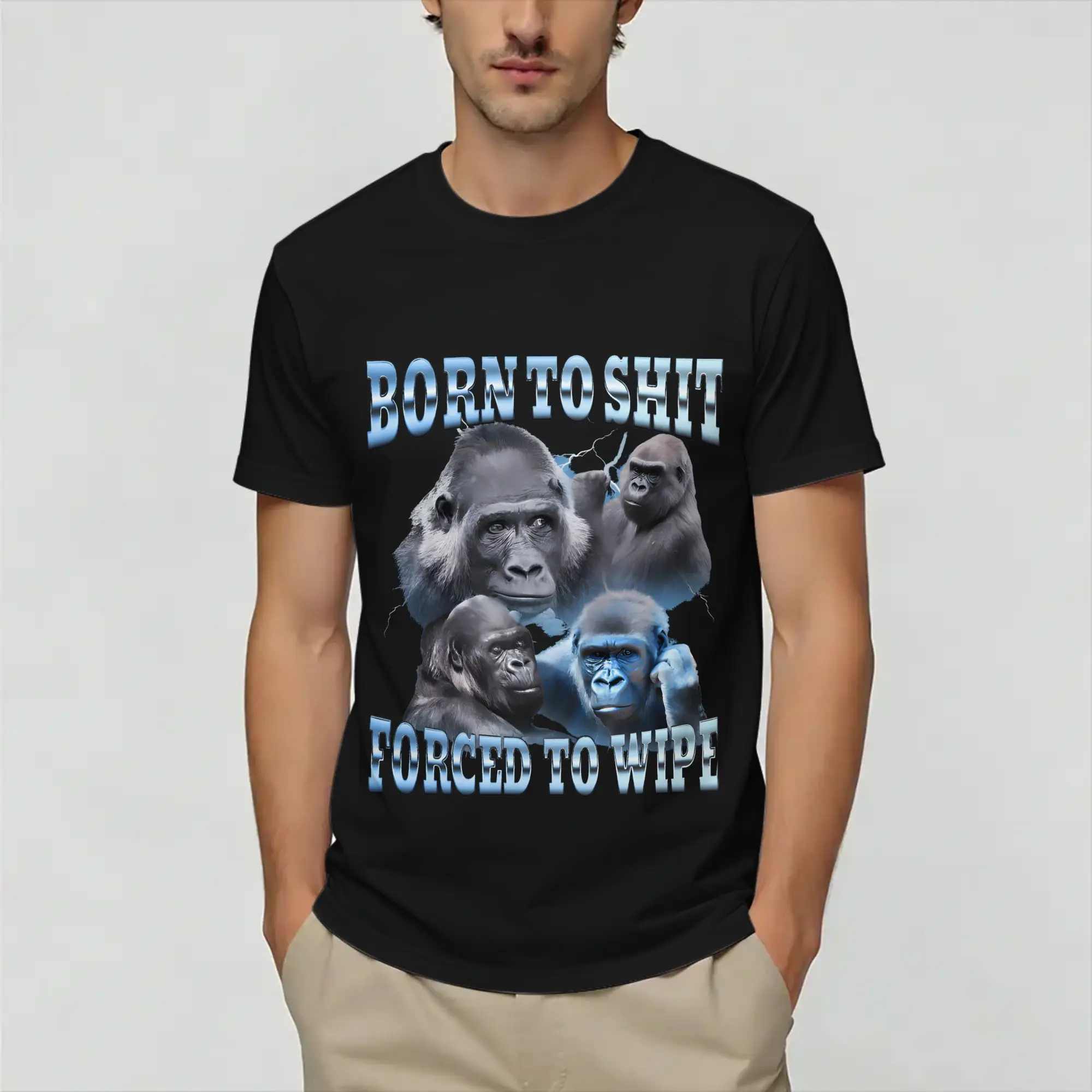 Born  Forced To Wipe Funny Gorilla  T Shirt Summer  100 Cotton T-Shirts For Men's Casual Tee Shirt Short Sleeve Y2K Retro Tees