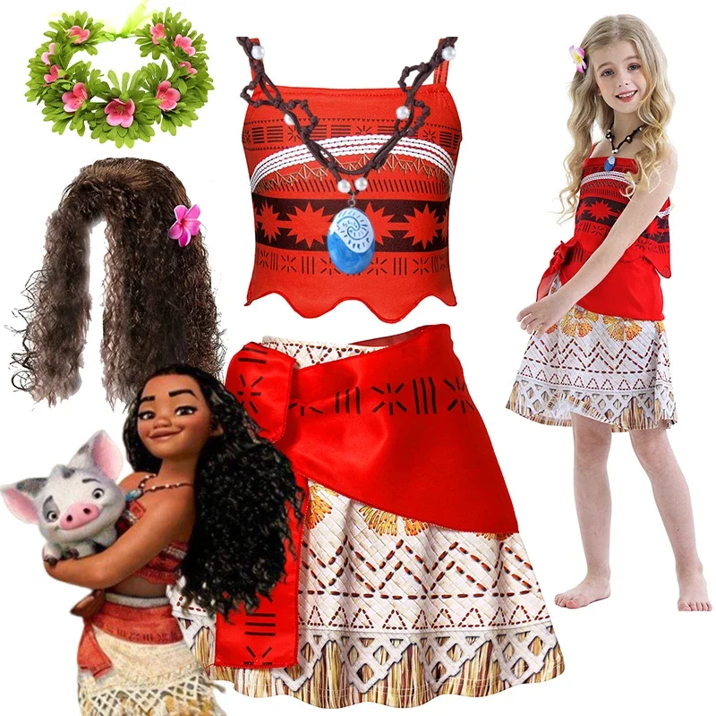 Disney Moana-vestido de princesa de Halloween para niñas, disfraz de Vaiana, ropa de fantasía informal de verano con Collar, traje de peluca