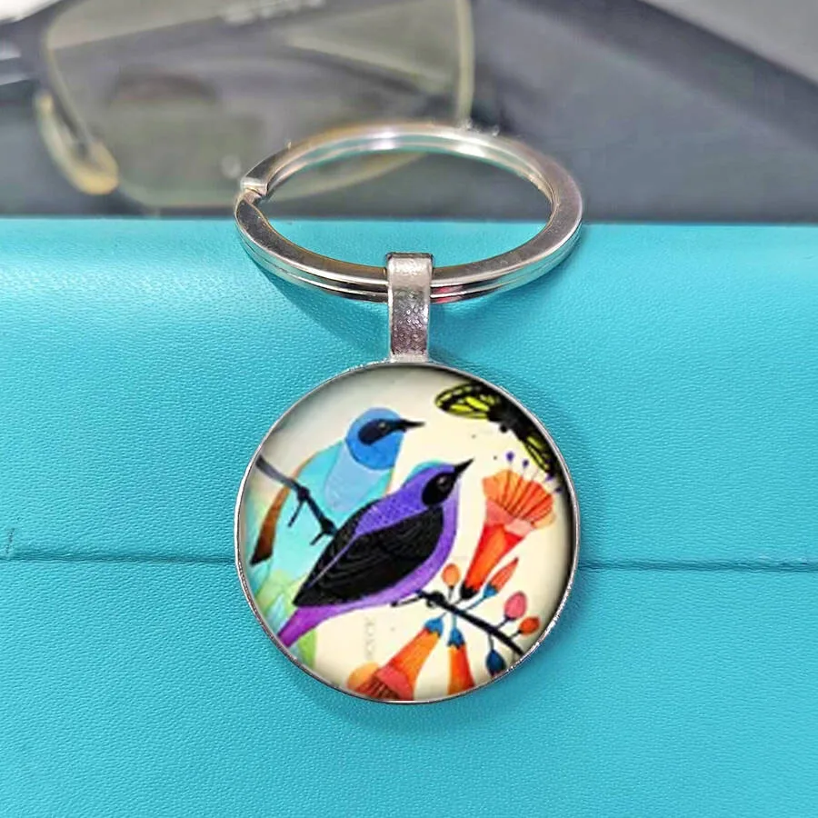 Vintage Illustrated Bird Pattern Keyring, Tropical Toucan Magpie Floral Butterfly Print Key Chain For Backpack Purse Accessory