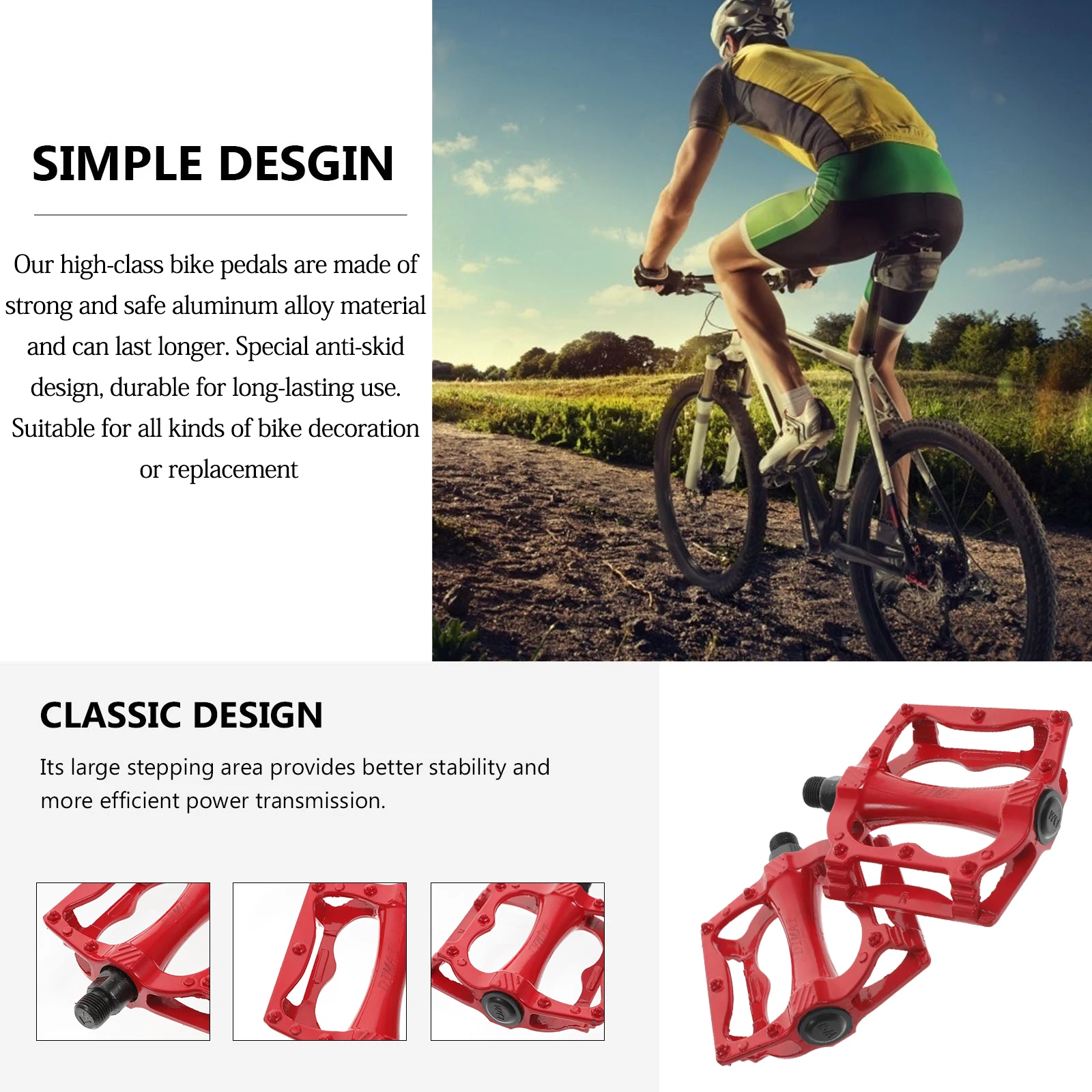 

2pcs Bicycle Pedals Accessories Wide Stable Metal Kids Adult Road Mountain Bike Foot Red Dual Cycling Parts Replacement