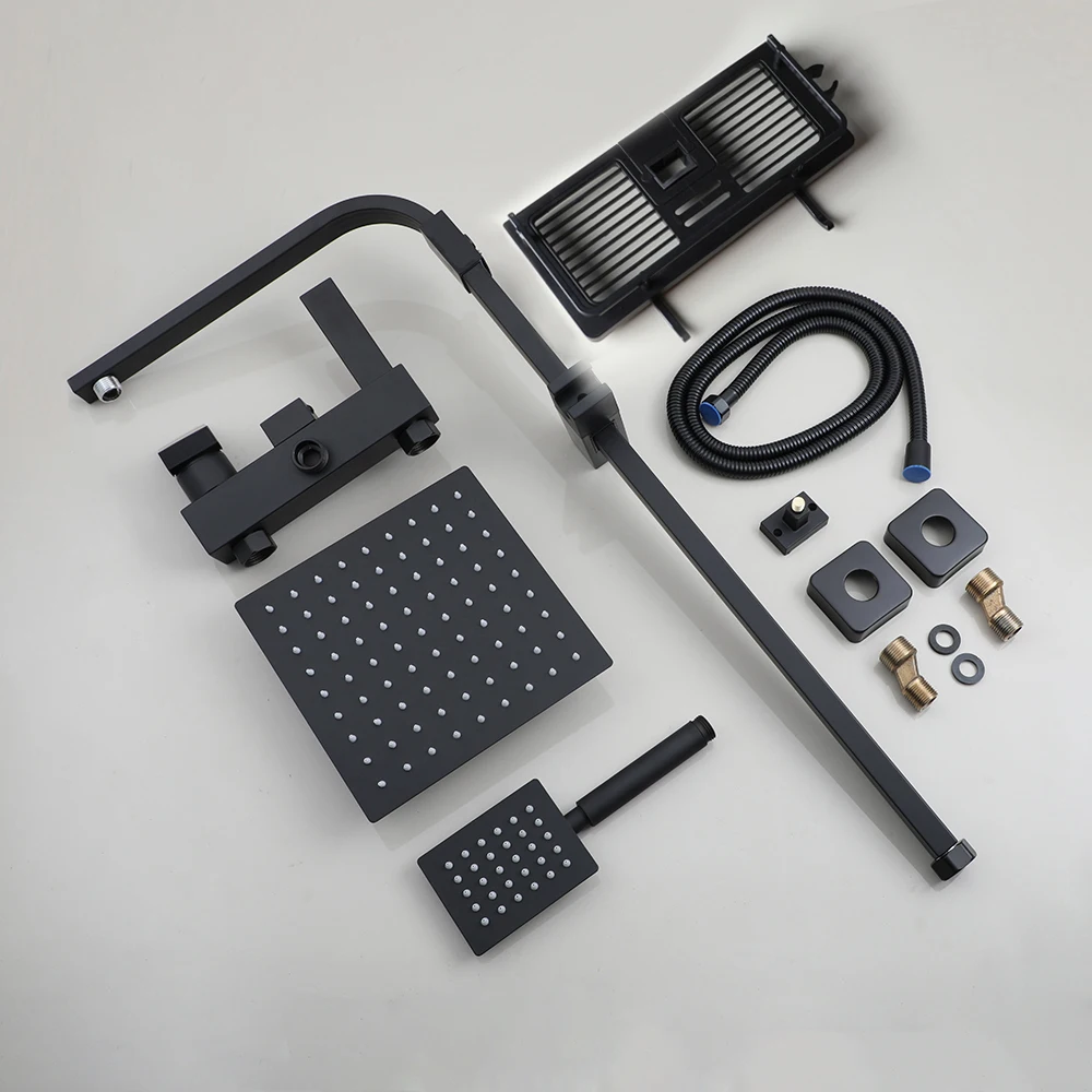 KEMAIDI Rainfall Bathroom Shower Faucet Set With Rack Shelf Bathtub Mixer Tap Black Wall Mounted Brass Bath Cabin System - Image 5
