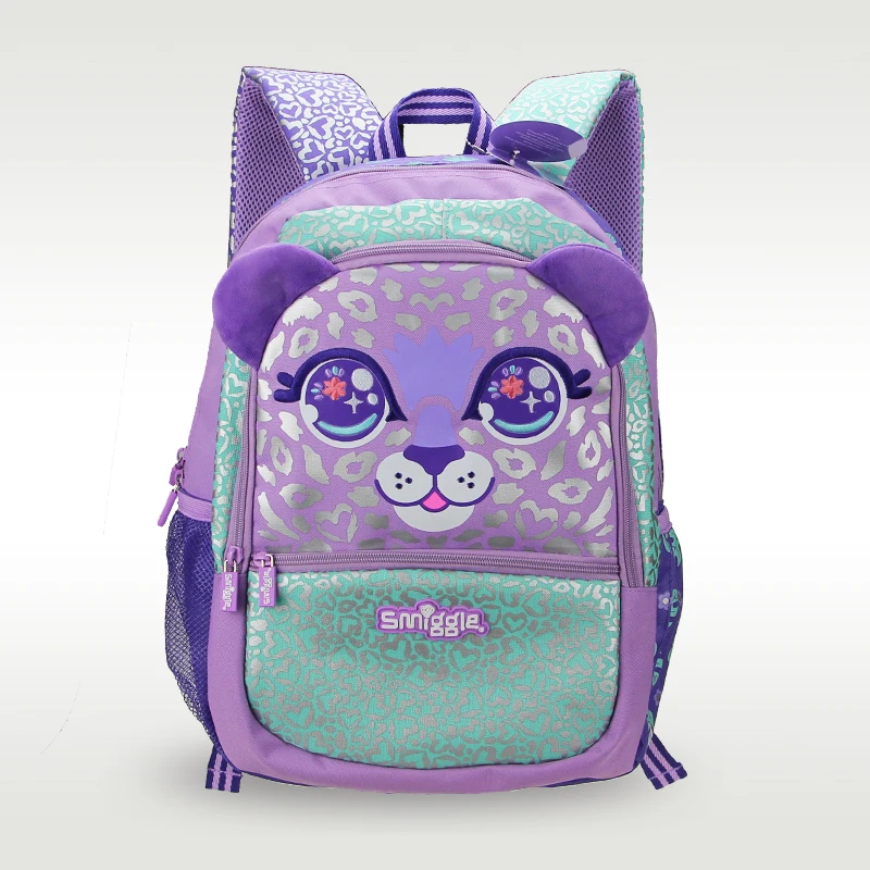 Smiggle Original Hot Selling Children's School Bag Girls Shoulder Backpack Purple Cute Leopard Sweet Bag 7-12 Years 16 Inches