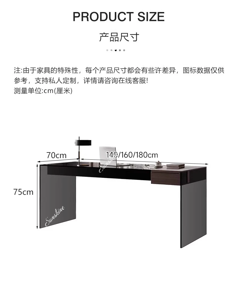 Modern minimalist desk grey tempered glass rectangular table with drawers