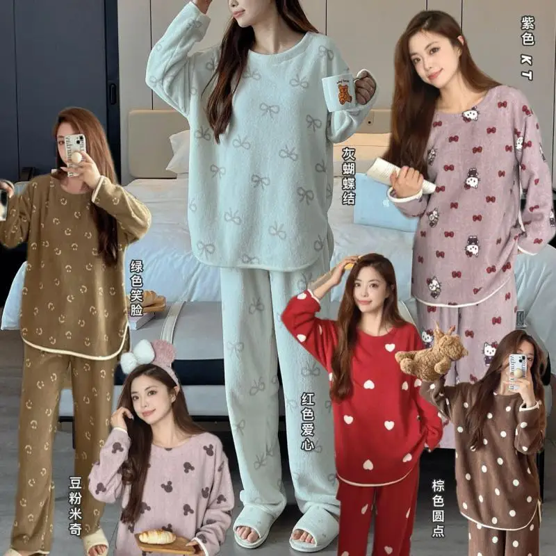 Sanrio Coral Fleece Leisure Time Round Neck Pajama Set Autumn and Winter Kawaii Hello Kitty Comic Fashion Keep Warm Leisure Wear