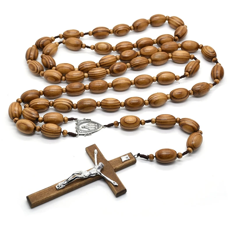 Wall Rosary Necklace Big Wooden Beads Long Cross Pendant Catholic Jewelry