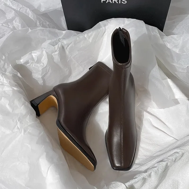 مربع حذاء من الجلد الخريف مريحة لينة جلدية أحذية عالية الكعب المرأة موضة سستة مزاجه بسيط أحذية نسائية