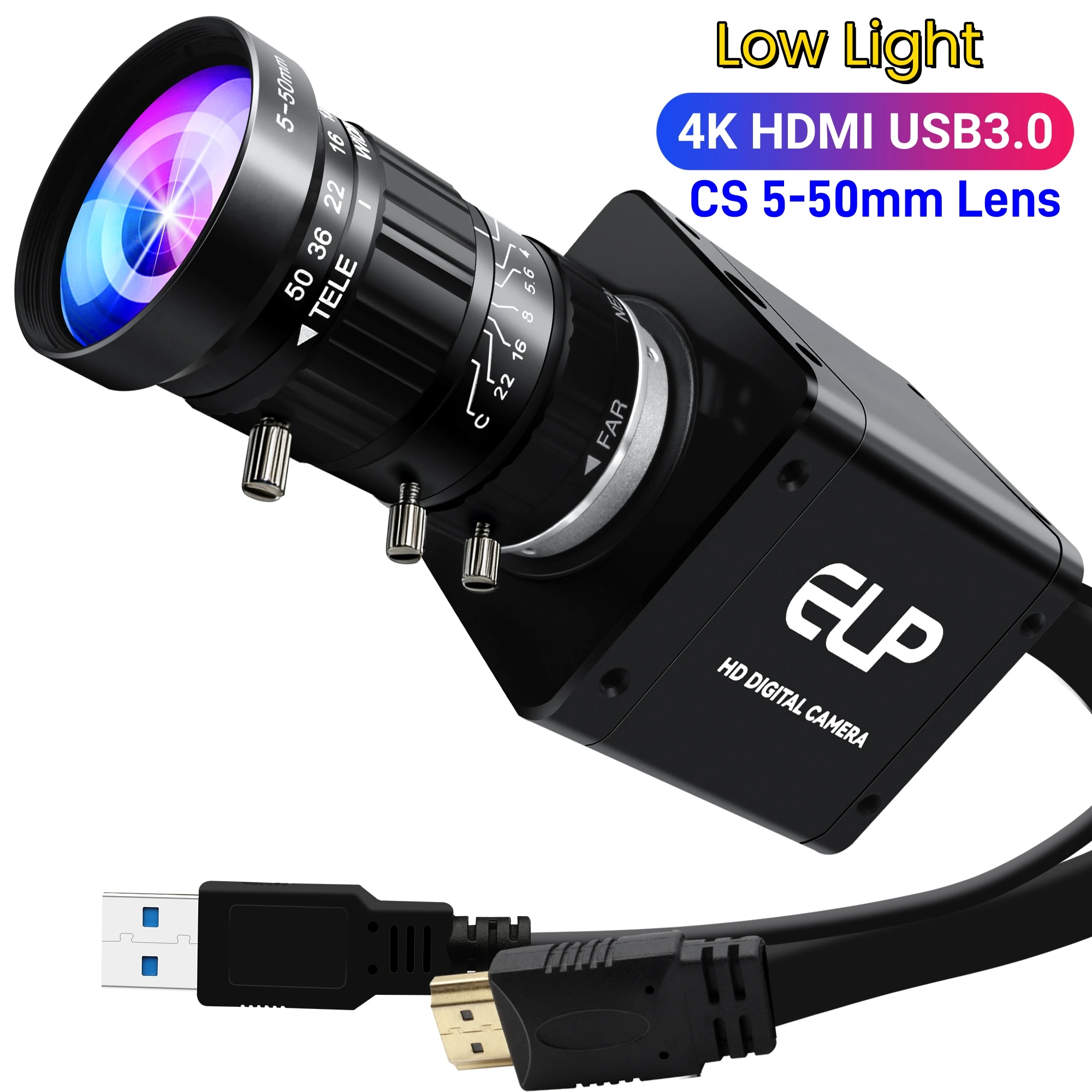 ELP 60fps 4K HDMI USB3.0 Camera 1/1.8 IMX678 Low Light Varifocal