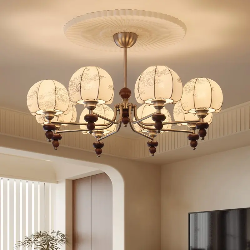 Medieval Vintage Wooden Chandeliers Hand Embroidered Fabric Lampshade Study Living Room Bedroom