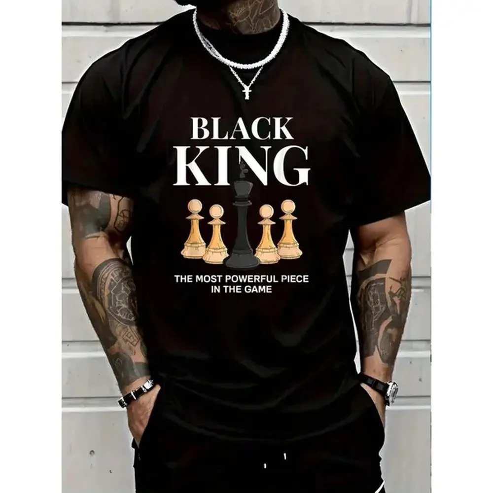 Camiseta de ajedrez 100% algodón negra King, la pieza más poderosa del juego