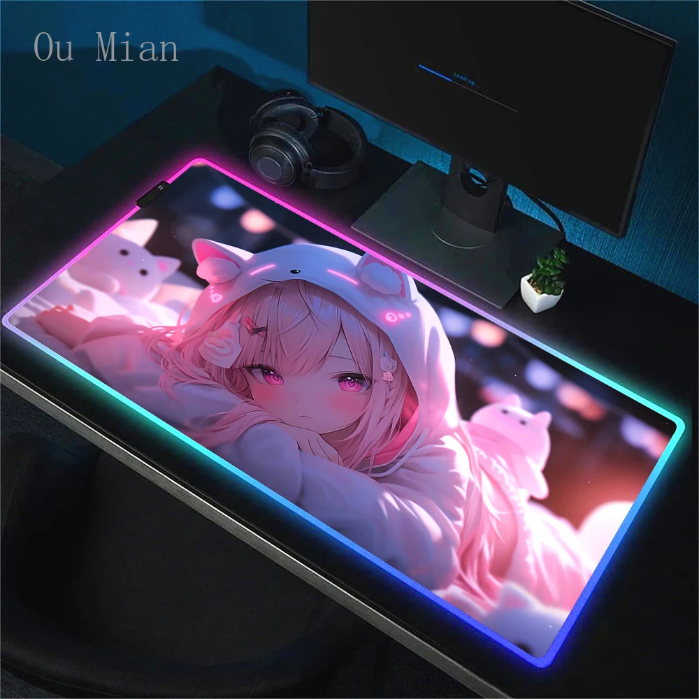 Mousepad RGB Colorful Lumious Lighting Mouse Pad Pc Keyboard Mausepads Kawaii Pink LED Carpet Anime Girls Glow 40x90 Large rug