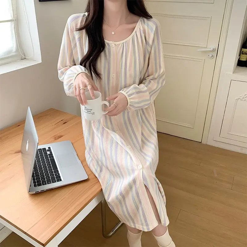 Striped Women Nightgown Lace Sleepwear O-neck Nightwear Korean Fashion Night Dress Long Sleeve Autumn Button One Piece Pajamas