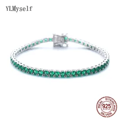 Fine Jewelry Pave 3MM Emerald Green Cubic Zircon Hip Hop Rock Chain For Women/Men Real 925 Silver Metal Tennis Bracelet