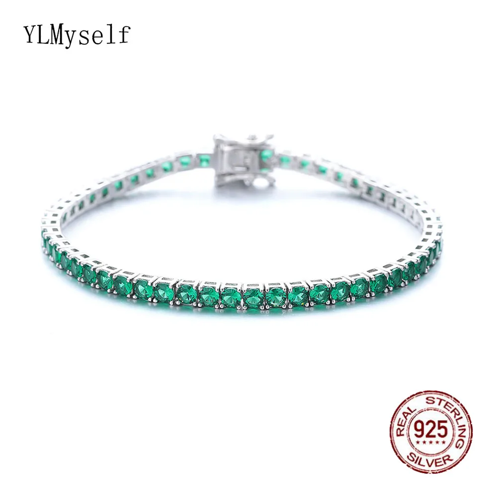 Fine Jewelry Pave 3MM Emerald Green Cubic Zircon Hip Hop Rock Chain Dla Kobiet / Mężczyzn Prawdziwa 925 Srebrna Metalowa Bransoletka Tenisowa