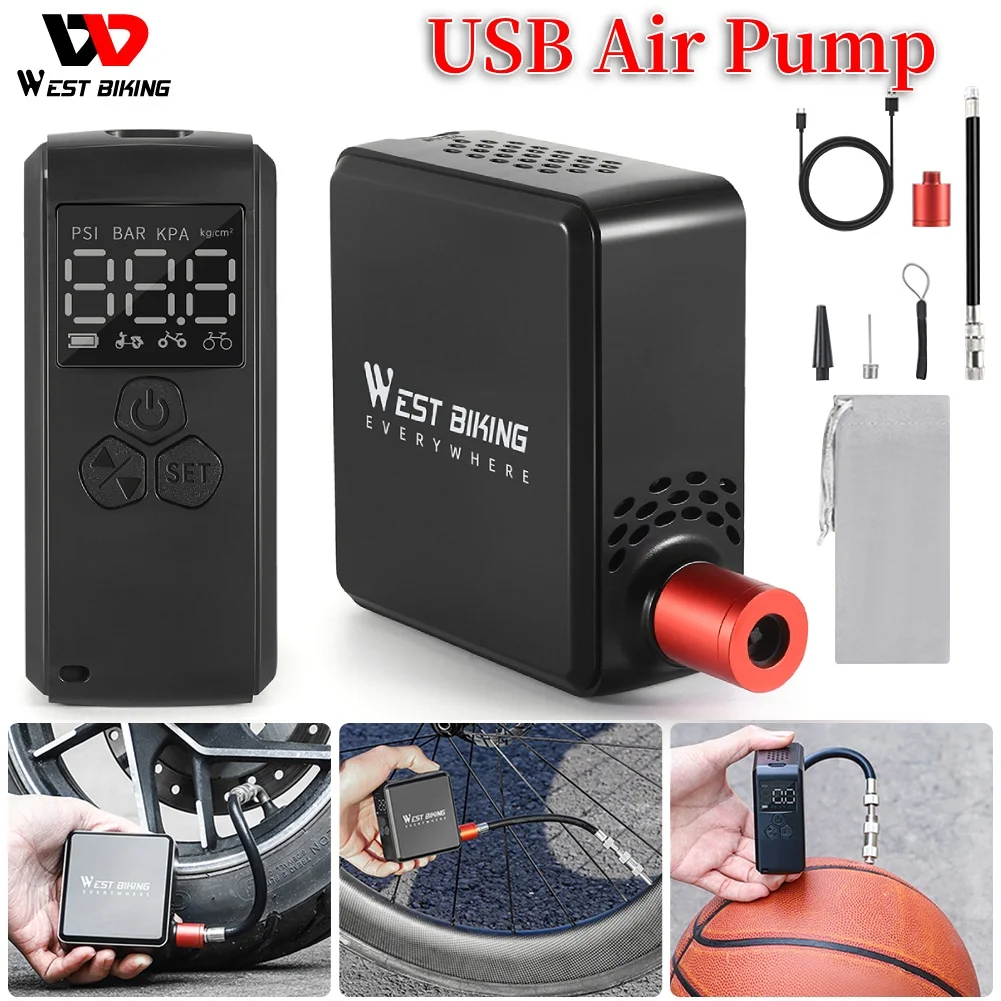 WEST BIKING Bike Pump Portable Mini Electric Air Pump 150PSI Tire Inflator Car Bike Motorcycle Bicycle Pump With LCD Display