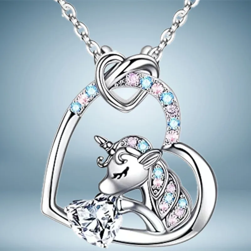 Exquisite Couple Heart Zircon Unicorn Necklace Stainless Steel Animal Pendant Wedding Necklace for Women Jewelry Birthday Gift