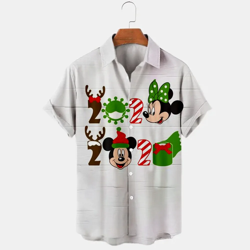 2024 New Christmas Disney Brand Stitch And Mickey Anime 3D Printed Men's Lapel Short Sleeve Shirt Harajuku Style Slim Top Y2K