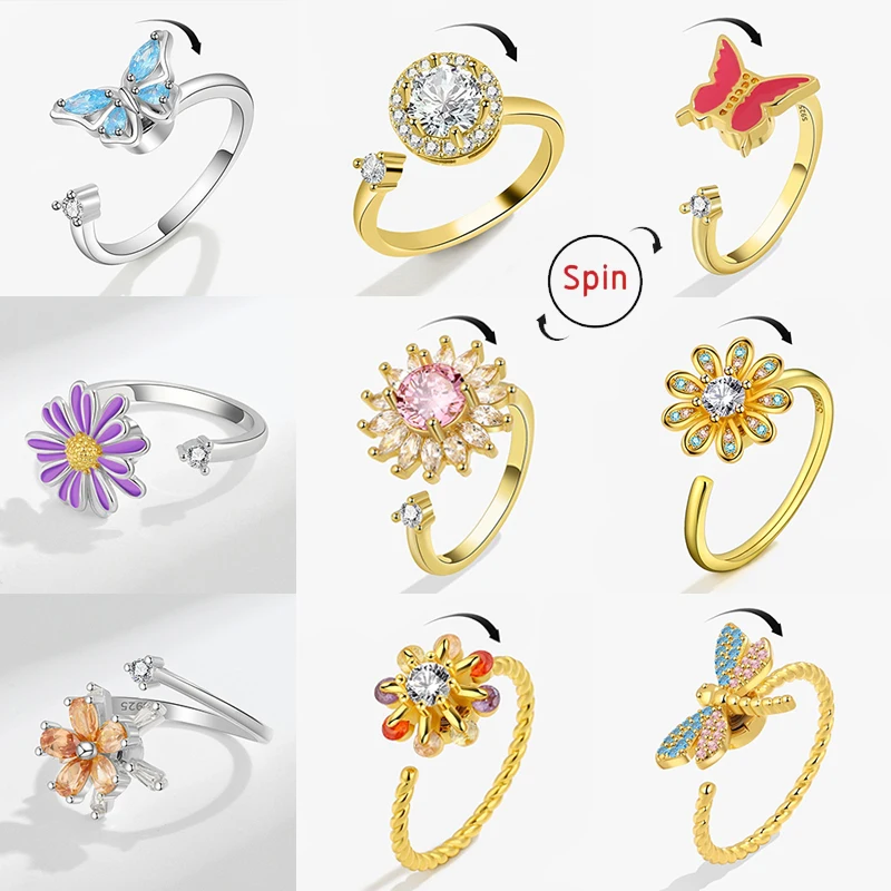 Luxe Kristallen Vlinder Angst Ring Fidget Spinner Ringen voor Vrouwen Mode Dragonfly Zonnebloem Ring Roterende Vrij Sieraden