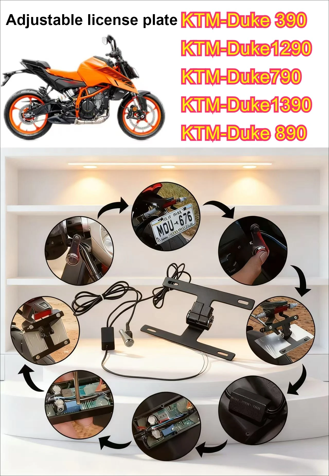 

Aluminum alloy motorcycle license plate holder, suitable for KTM DUKE 390, 790, 890, 1290, and 1390 models of motorcycles.