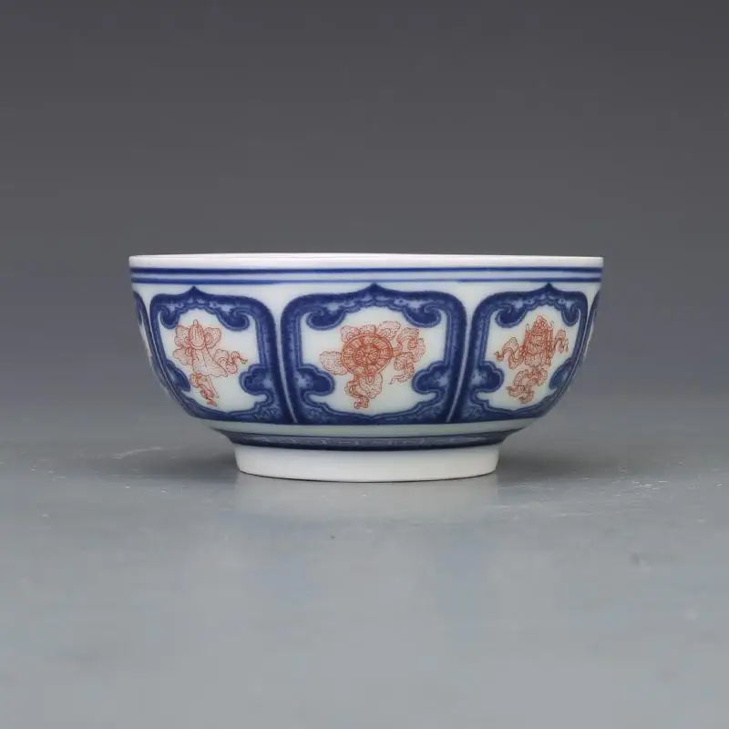 3.5" China Blue and White Porcelain Red Glaze Eight Auspicious Grain Cup