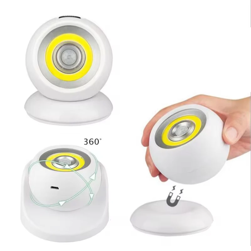 360° Rotating COB Ball Light PIR Motion Sensor LED Night Light USB Rechargeable Magnet Wall Lamp for Bedroom Bathroom Kitchen