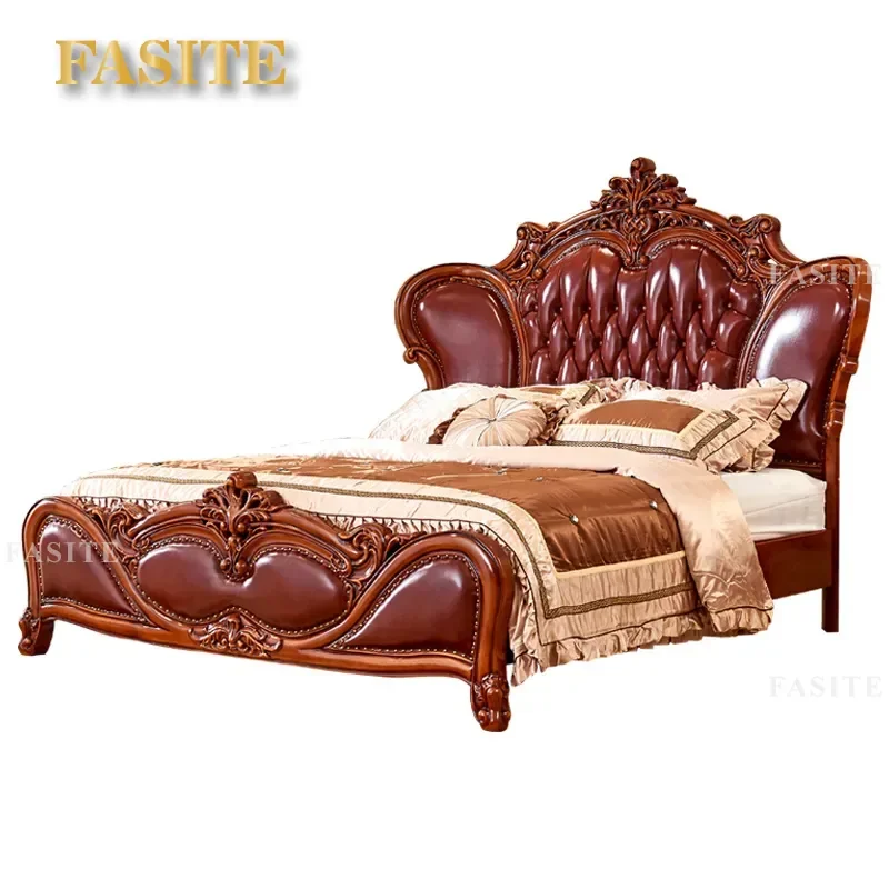 For 1.8m European American Solid Wood Bed First Layer Cowhide Leather Double Princess Wedding Bedroom Furniture Durable