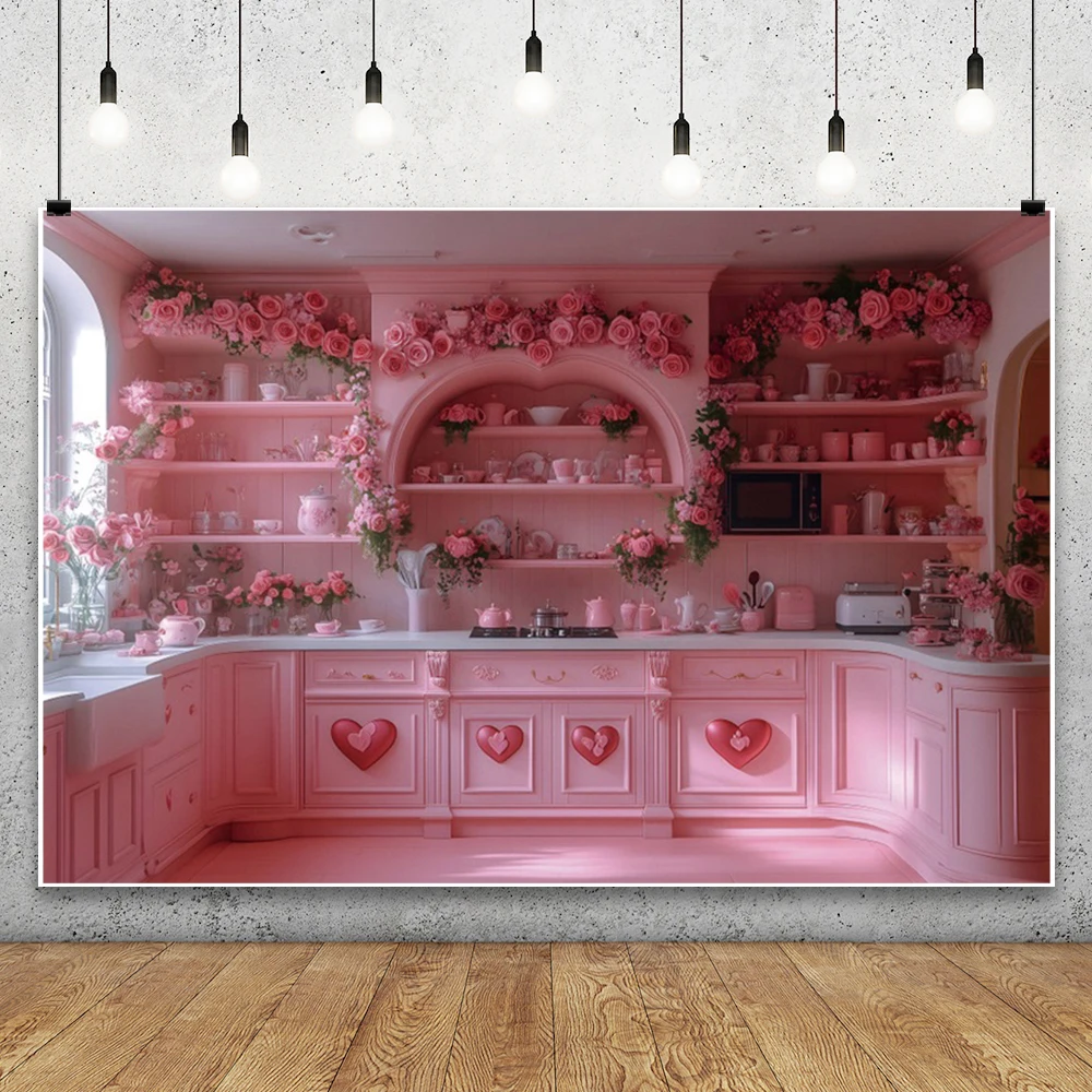 Valentine's Day Dessert Shop Photography Background Kitchen Cafe Cake Love Flowers February 14th Couples Portrait Photo Backdrop