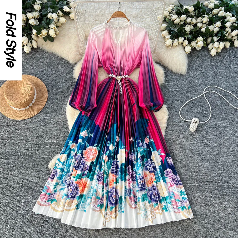 Miyake High-end Bead Printing Pleated Dress Women's Gradual Change Long-sleeved Pearl Buckle Pleated Dress Commuting