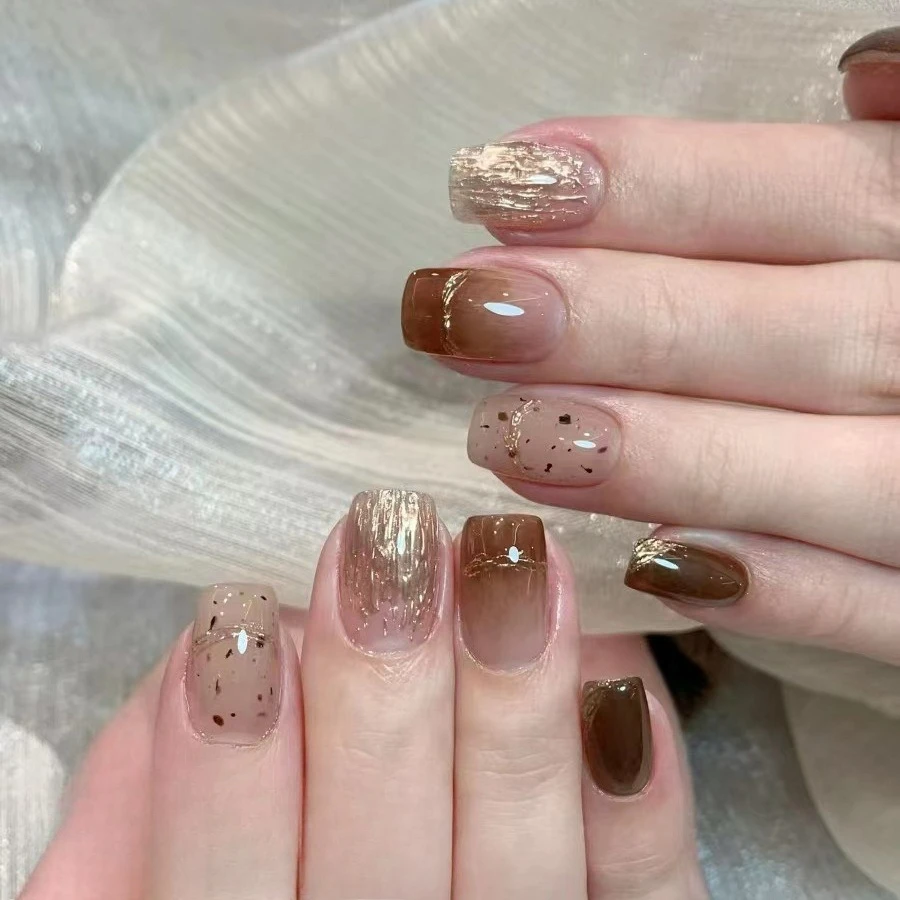 10Pcs Short Square Gradient Brown Golden Artificial Autumn Ballet False Nail Sticker Glossy Gold Foil French Acrylic Nail Set