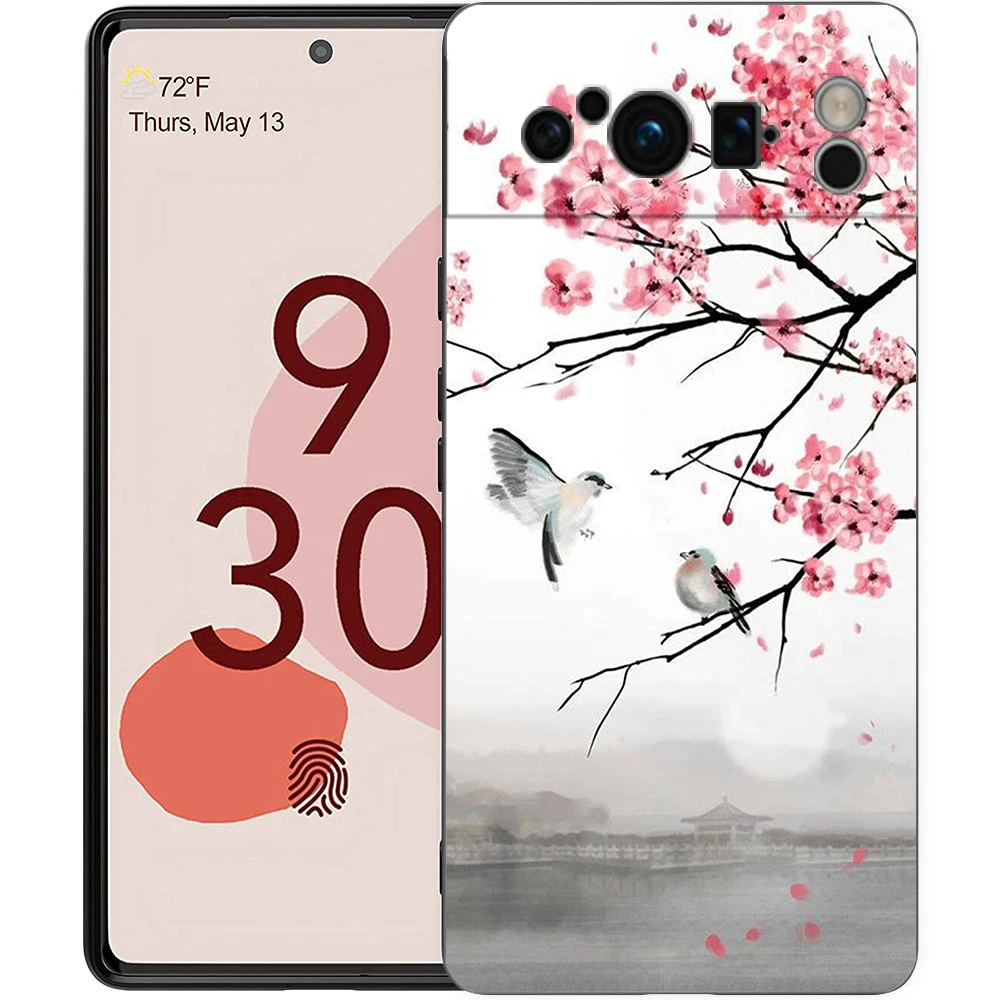 Phone Case For Google Pixel 8 7 6 Pro 8A 7A 6A TPU Shell Soft Silicone Shockproof Black Cover Cherry Blossom Tree