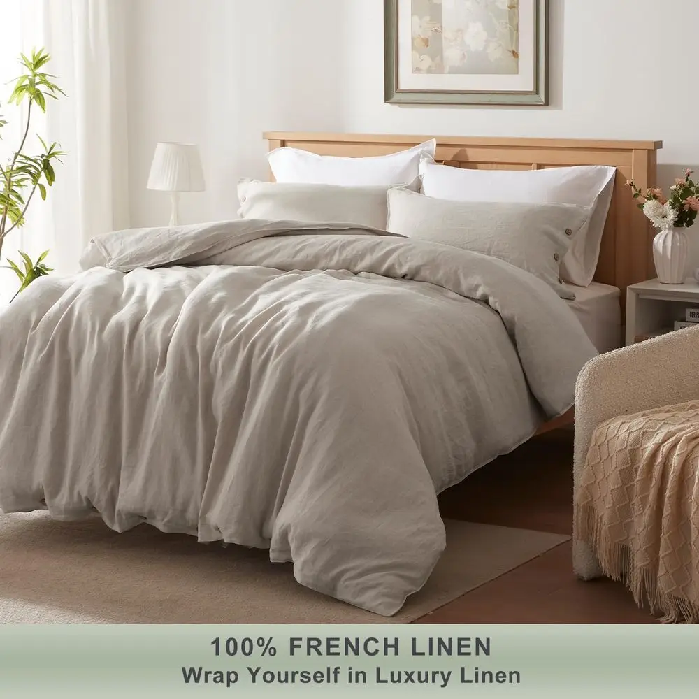 طقم غطاء لحاف كوين مقاس 100% مع كيس وسادتين، زر إغلاق، مفروشات ناعمة وجيدة التهوية على طراز المزرعة باللون الطبيعي L #2