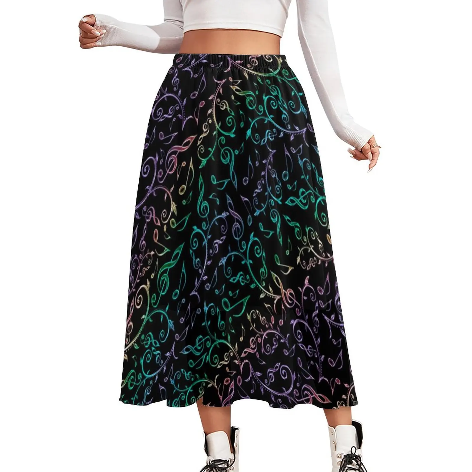 Colorful Music Notes Skirt Female Rainbow Floral Pattern Kawaii Long Skirts Elastic Waist Street Style Casual Skirt Large Size