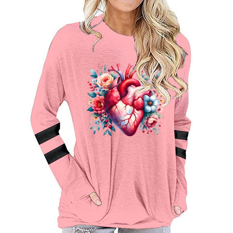 Watercolor Floral Heart Vintage Long Sleeve T-Shirt Women Harajuku Streetwear Round Neck Cotton Tops Plant Style Heart Tshirt