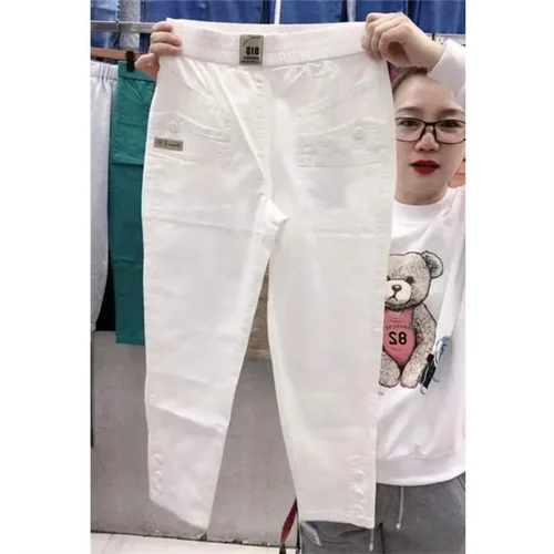 Imagen 2 del producto Pantalones informales finos de lino y algodón para mujer, novedad de verano 2021, pantalones bombachos holgados y ajustados de talla grande, pantalones rectos de nueve para mujer