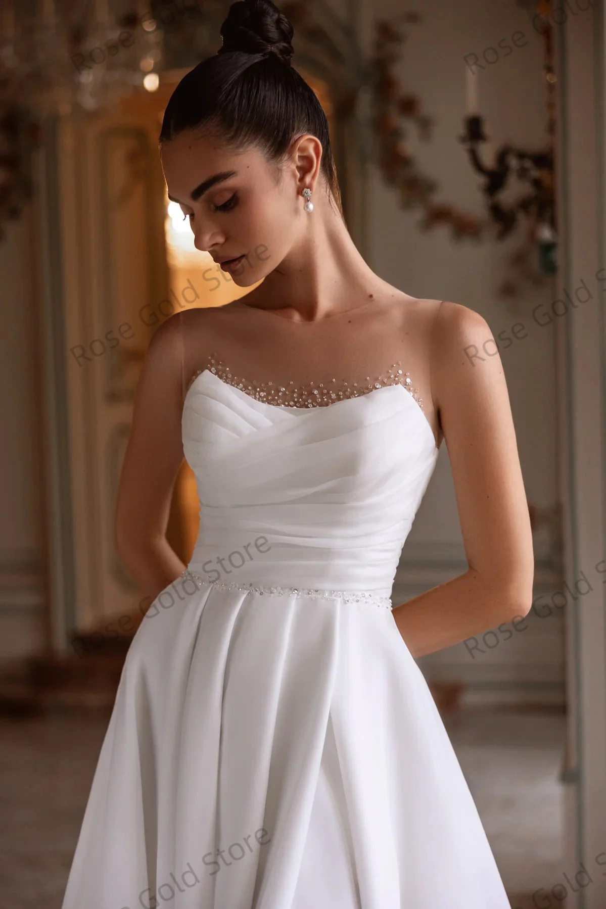 Een Lijn O Hals Trouwjurken Vrouwen Bescheiden Afneembare Mouwen Bruidsjurk Lovertjes Kralen Aangepaste Vestido De Soriee