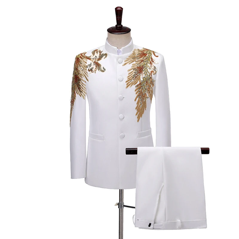 Men's Blazers Sets Men Brand Mandarin Collar Single Breasted Blazers Wedding Party Stage Host Costume Homme