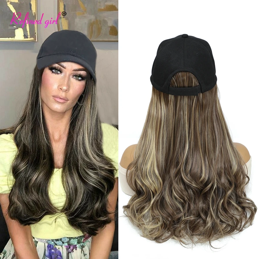 

Hat Wig Cap with Synthetic 20Inch Long Wave Hair Extensions Attached for Women Wave Wig Hats Wavy Ends Straight Roots Hair Style