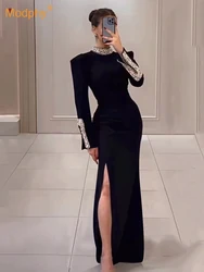 Modphy Women's 2024 Black Long Sleeves Diamonds Tight Sexy Split Celebrity Cocktail Party Bandage Long Dress Maxi Gowns