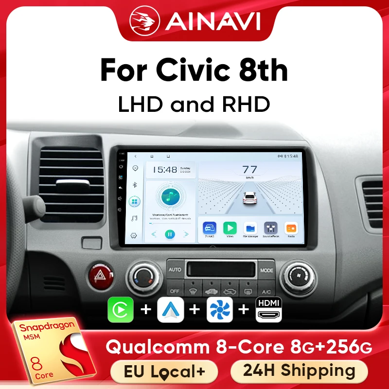 Ainavi Car Multimedia Player For Honda Civic 8th 8gen 2005 2006 2007 2008 2010 2011 Wireless Carplay Android Auto 4G Wifi 2Din