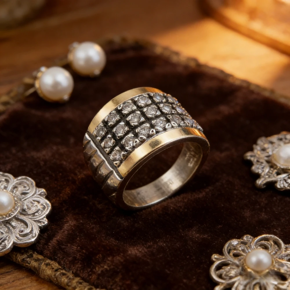 Vintage Two Tone Three Lines White Stone Wide Ring For Women Men Wedding Party Banquet Retro Anniversary Jewelry