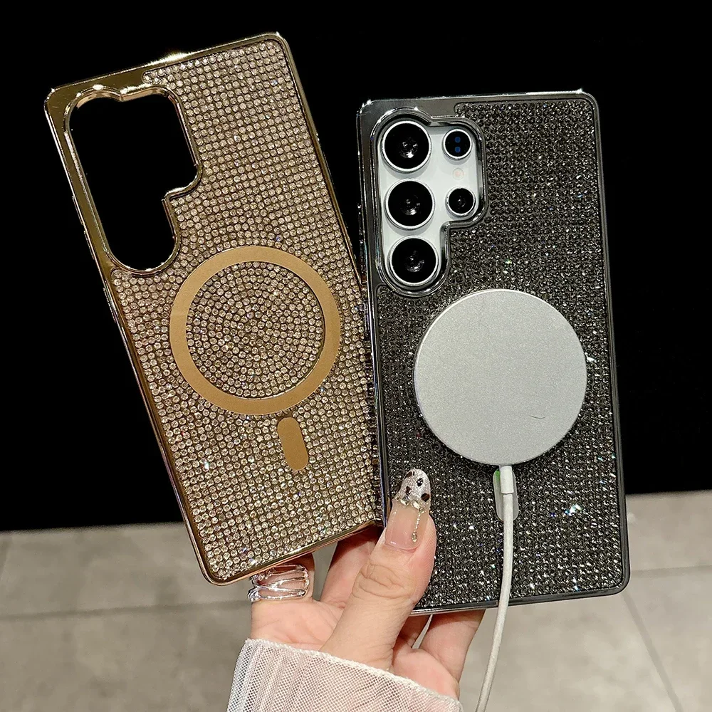 YPM5LuxursShiny Glitter Rheinstone plateado TPU funda de teléfono magnética para Samsung Galaxy S24 S23 S25 Ultra Back cubierta dura anticaída