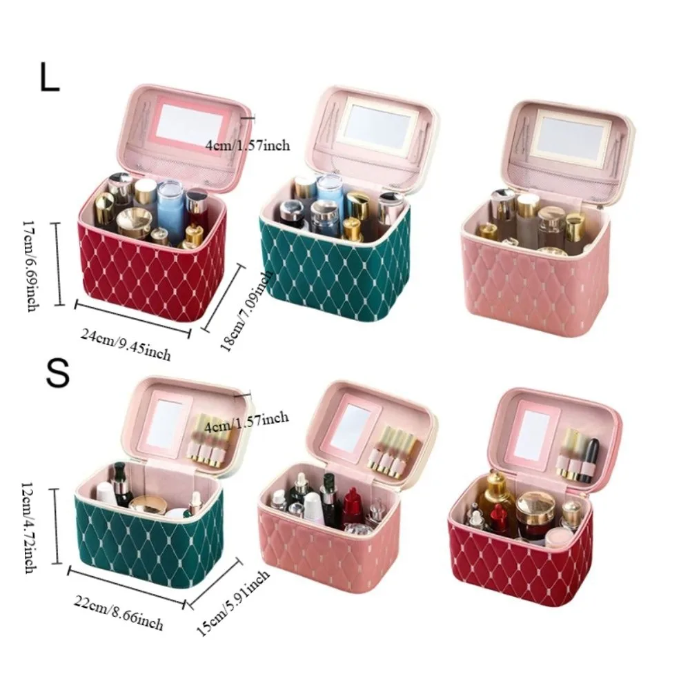 Portable PU Leather Cosmetic Bag Large Capacity Anti-crush Makeup Bag with Mirror Waterproof Cosmetic Storage Box Women