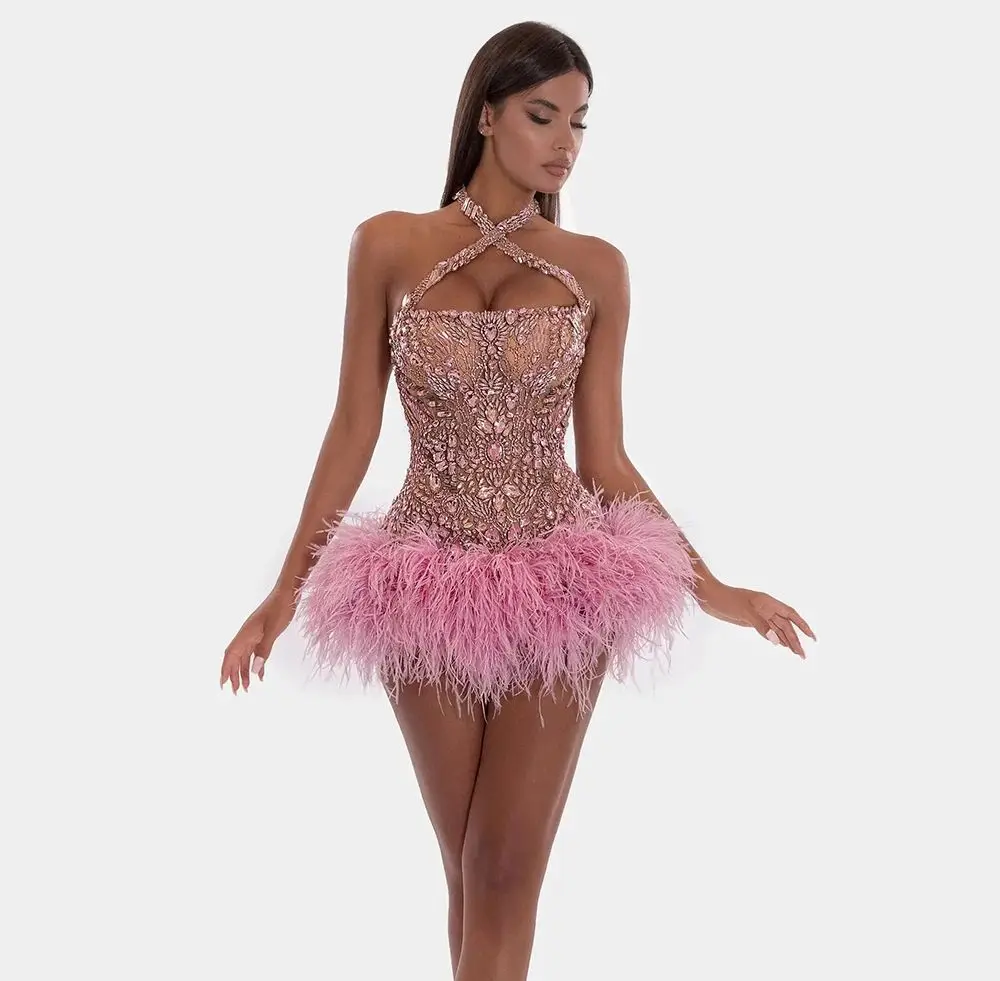 Luxury Crystals Beading Short Prom Dresses Pink Halter Feathers Mini Cocktail Dress vestidos de gala mujer Gala Event Party Gown