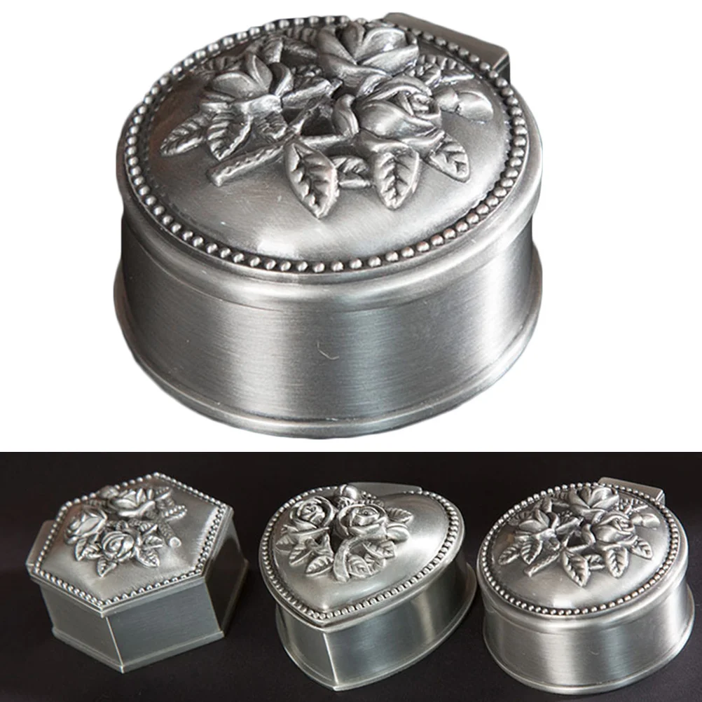 

Vintage Mini Alloy Trinket Box Hinged Cover Flower Pattern Jewelry Storage Container Necklace Ring Earring Bracelet