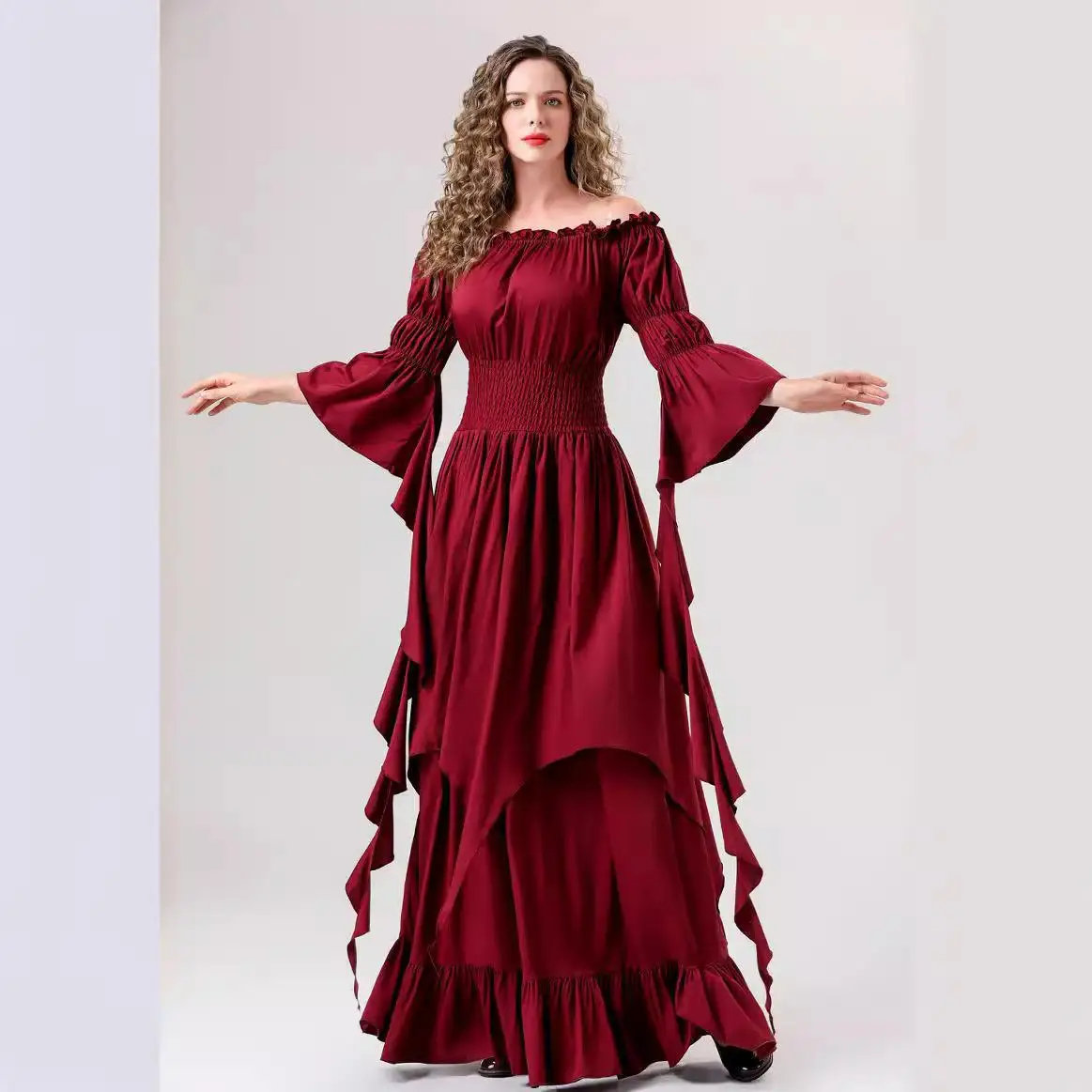 

Off Shoulder Ruffled Asymmetric Long Dresses For Women Halloween Costume Square Neck Waisted Renaissance Vintage Medieval Dress