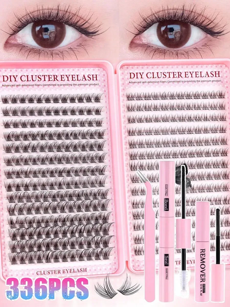 336-teiliges D-Curl Wimpernverlängerungs-Set 9-12MM, Natürliche Cluster-Wimpern mit Kleber, Versiegelungsmittel & Pinzette, DIY für Zuhause