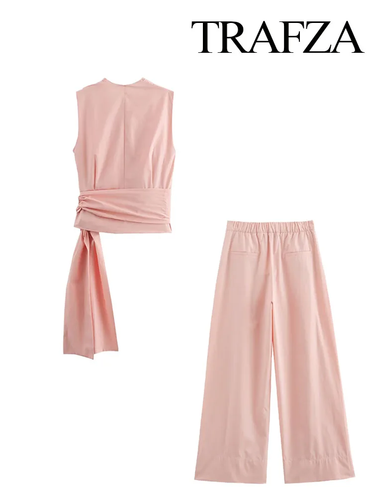 TRAFZA Summer Fashion Women Suits Pink V Neck Sleeves Bow Decorate Zipper Asymmetrical Tops + High Waist Zipper Wide Leg Pants