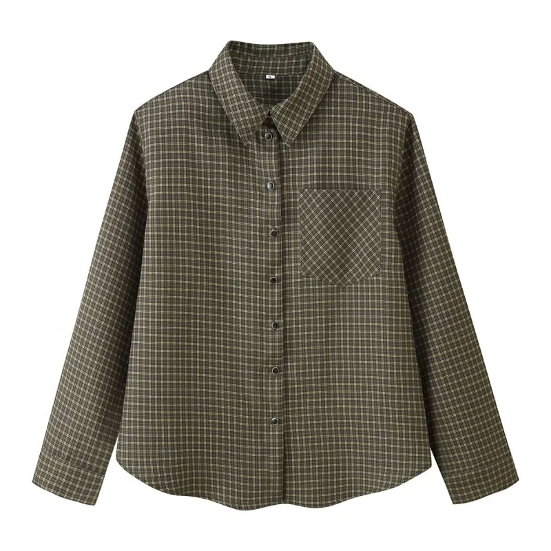 

Autumn Turn-down Collar Long Sleeved Plaid Patchwork Shirts Women Pockets Decoration Shoulder pad Tops Female Casual Wear 2025